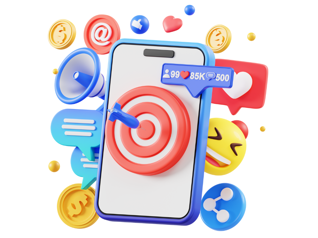 Digital Social Media offer SOCIAL MEDIA MARKETING services through an image mobile shows happy faces with emojis share button like and targeting symbols